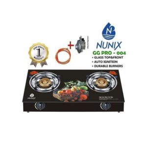 Nunix Glass Table Top Double Burner Gas Stove + Pipe & Regulator