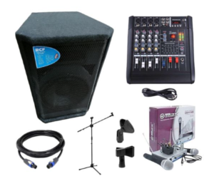 Full Public Address System 12 Inches PA Speaker + 4 Channel Mixer + OMAX Microphone